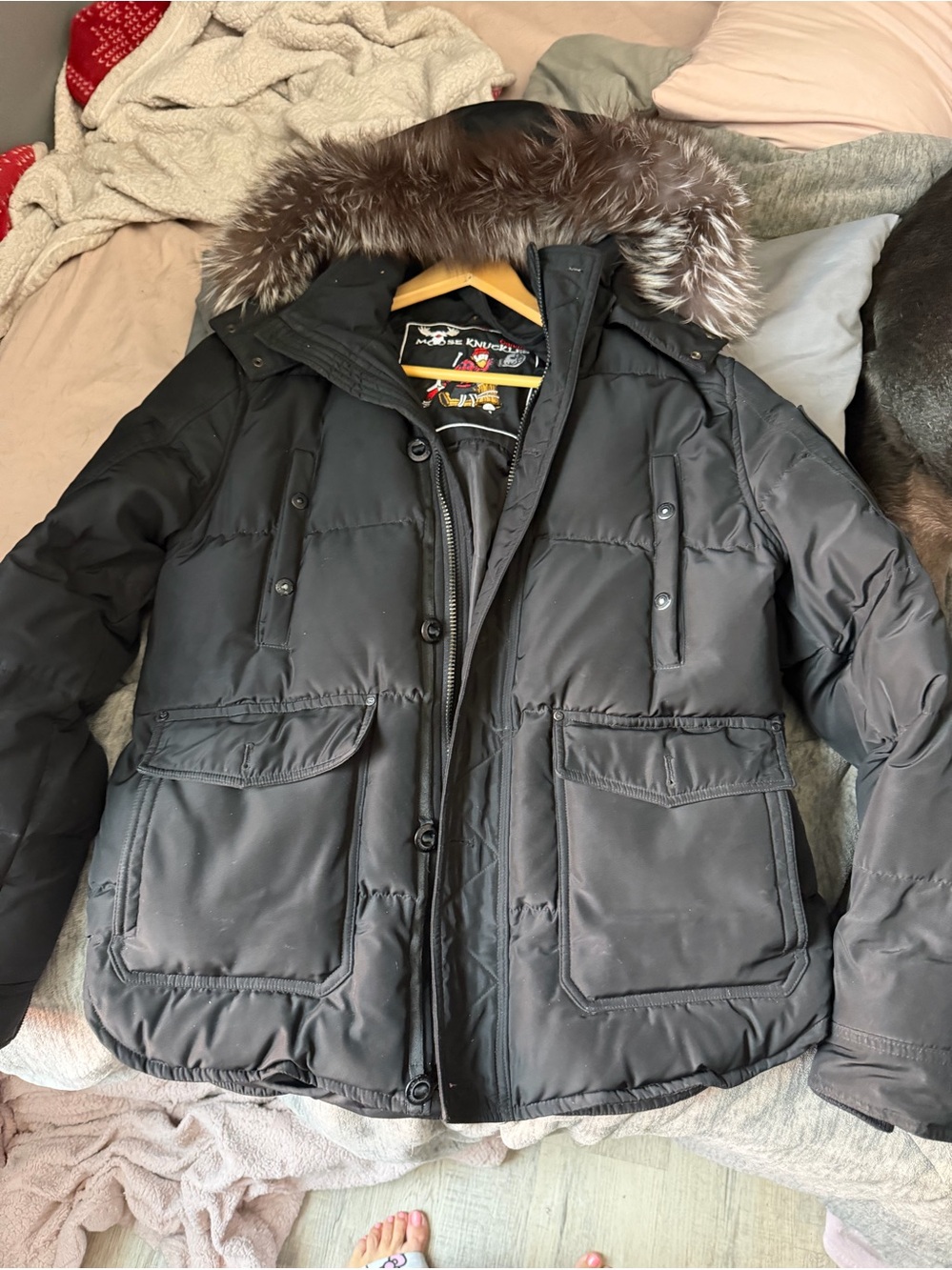 Women’s moose knuckle Black Puffer Parka with Fur-Trim Hood